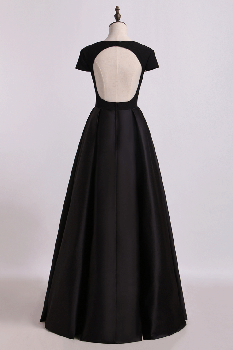2022 Open Back V-Neck Short Sleeve A-Line Satin Evening Dress Black Bodice Floor-Length