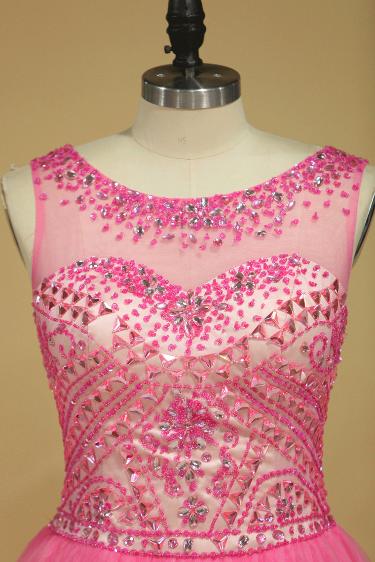 2022 Open Back Prom Dresses Scoop A Line Beaded Bodice Floor Length Tulle
