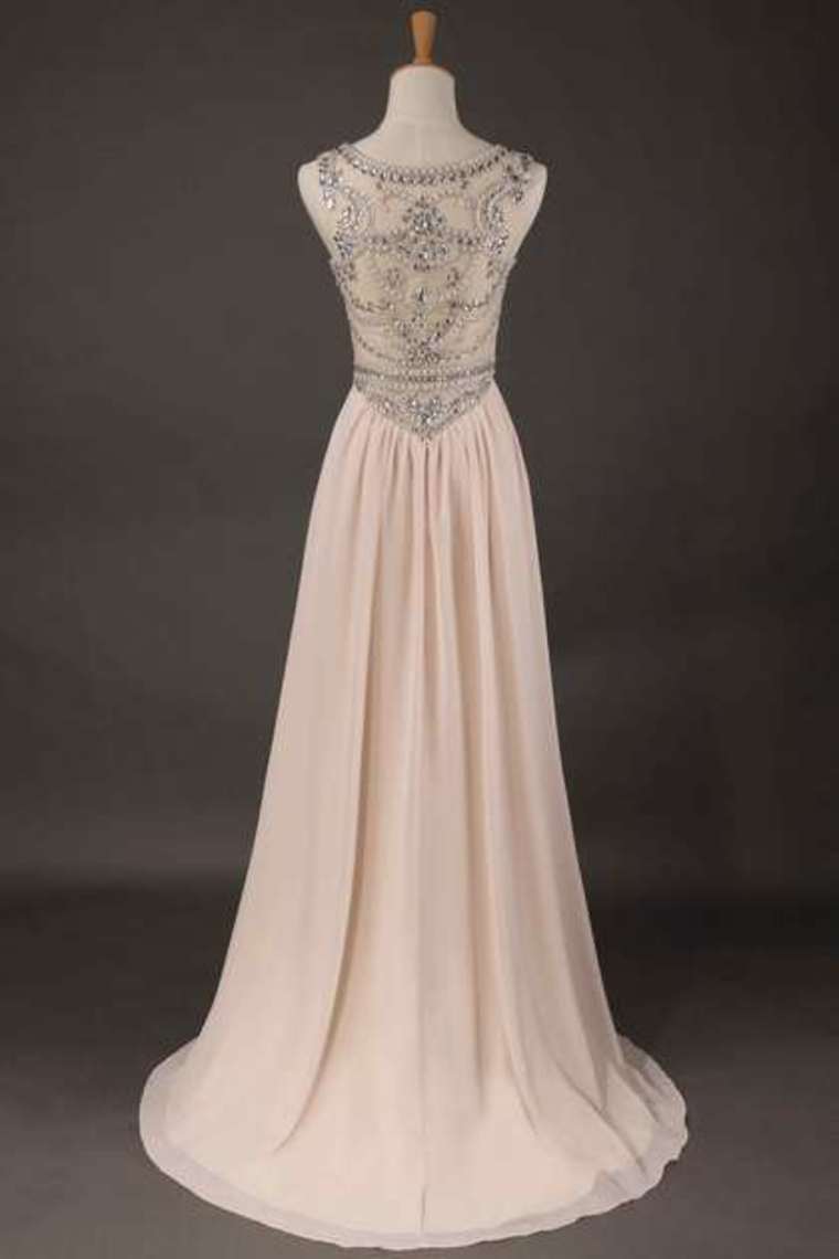2022 Hot Selling Scoop A Line Full Length Prom Dress Beaded Tulle Bodice With Chiffon Skirt Ready To Ship