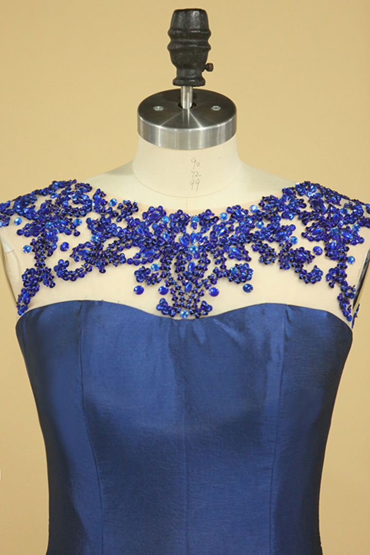 2022 Dark Royal Blue Scoop Prom Dresses Mermaid Taffeta Sweep Train With Beading