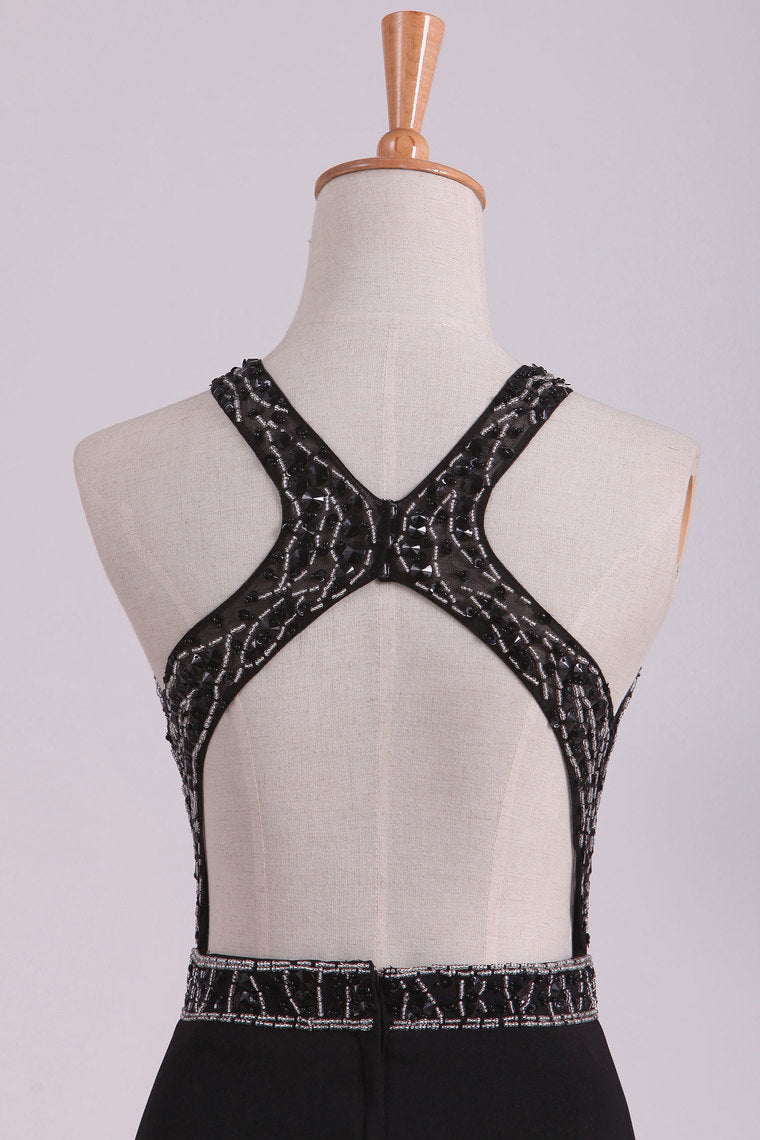 2022 Black Open Back Prom Dresses Scoop Spandex With Beading & Slit Sweep Train