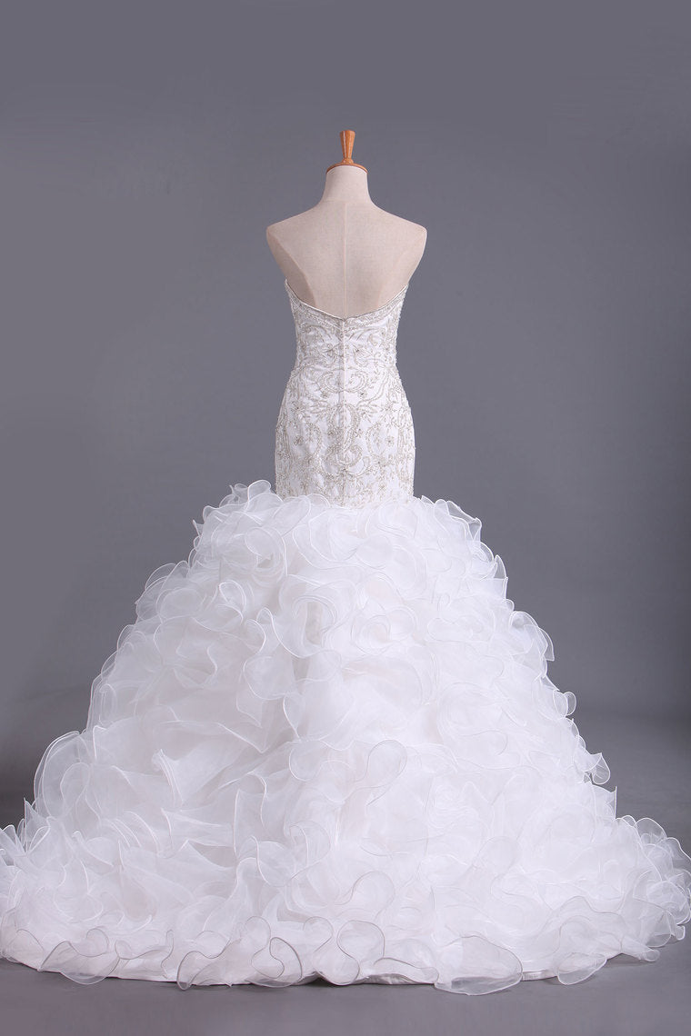 2022 Sweetheart Wedding Dresses Mermaid Organza With Beads And Rhinestones