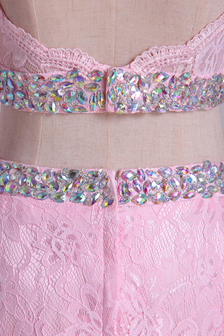 2022 Two-Pieces Prom Dresses Long Sleeves Scoop Trumpet Lace Court Train