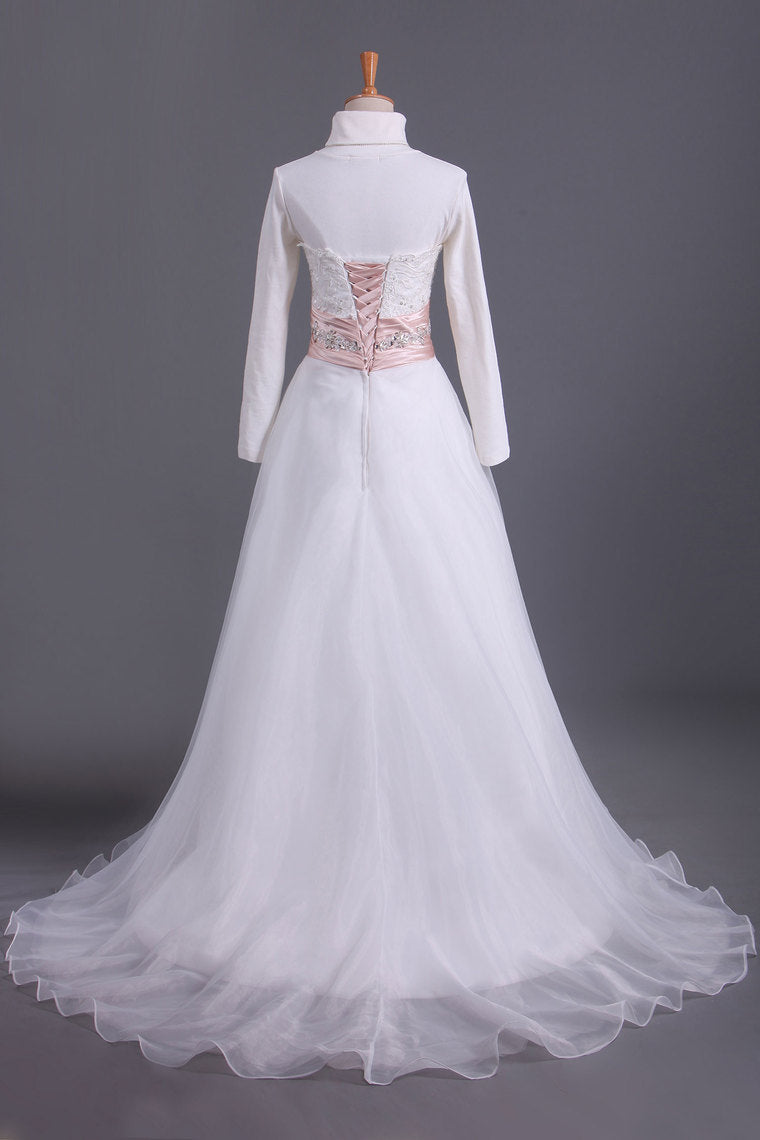 2022 Muslim Wedding Dresses Sweetheart A Line With Applique And Beads Organza