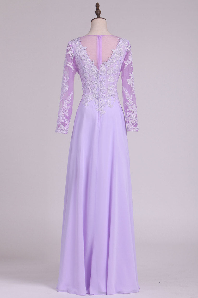 2022 Long Sleeves V Neck Chiffon With Applique And Beads A Line  Evening Dresses