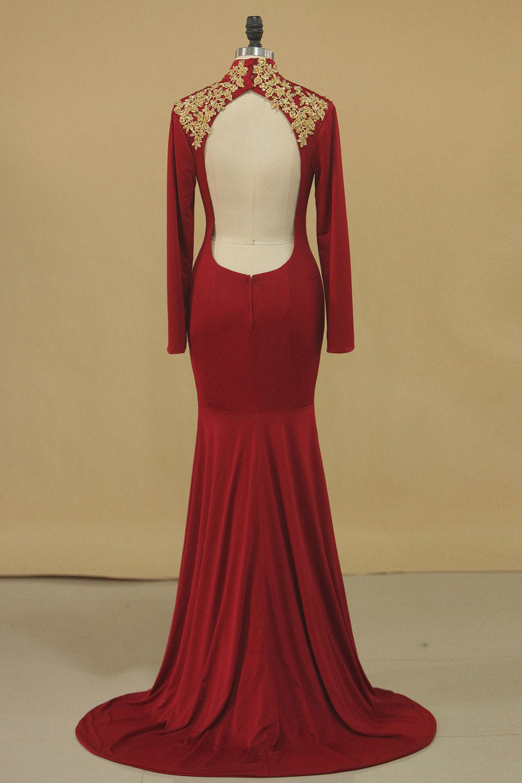 2022 High Neck Prom Dresses Mermaid/Trumpet Sweep Train Spandex With Applique