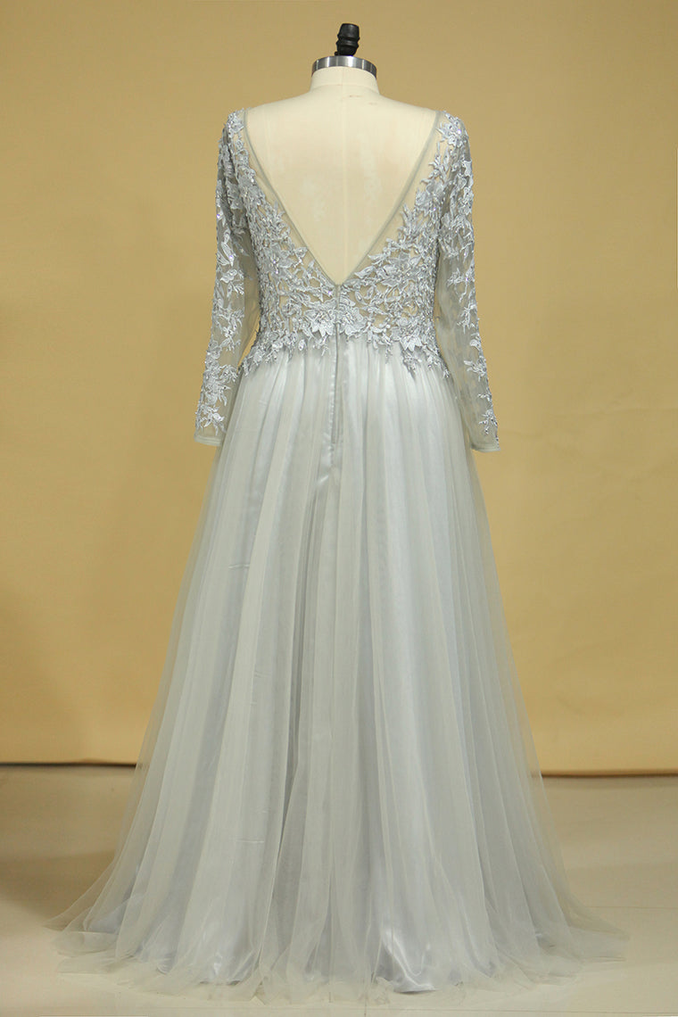 2022 Long Sleeves Prom Dresses Bateau With Slit & Embroidery Tulle Floor Length Plus Size