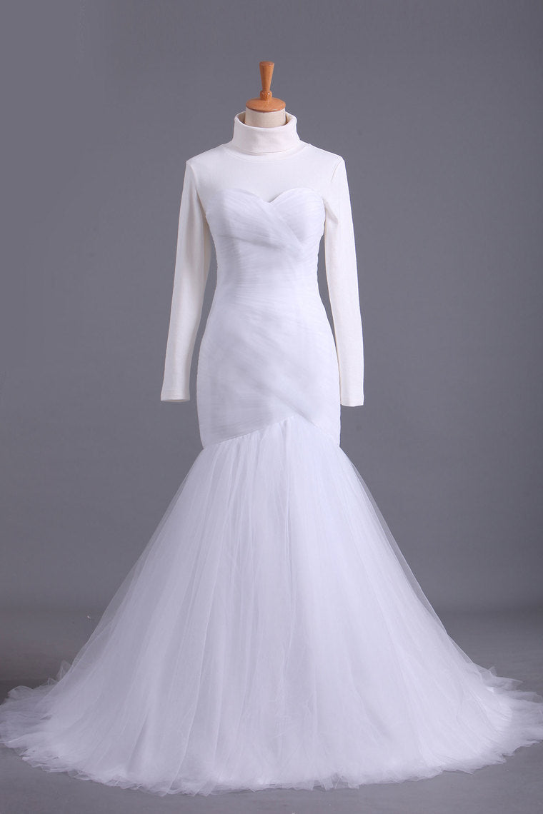 2022 High Neck Mermaid/Trumpet Muslim Wedding Dresses Pleated Bodice With Tulle Skirt Lace Up