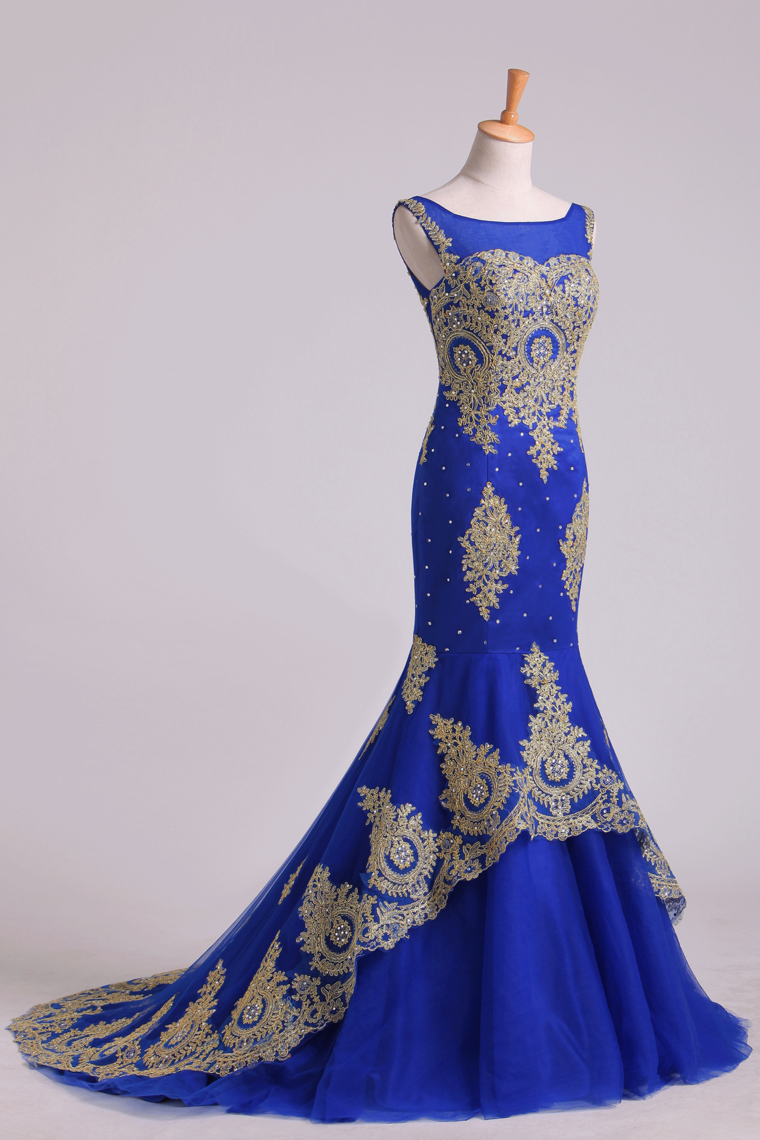 2022 Mermaid Prom Dresses Scoop Sweep Train Tulle With Gold Applique