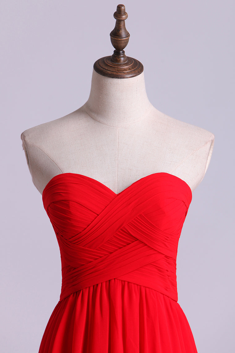 2022 Red High Low Sweetheart A Line Pleated Bodice Flowing Chiffon Skirt