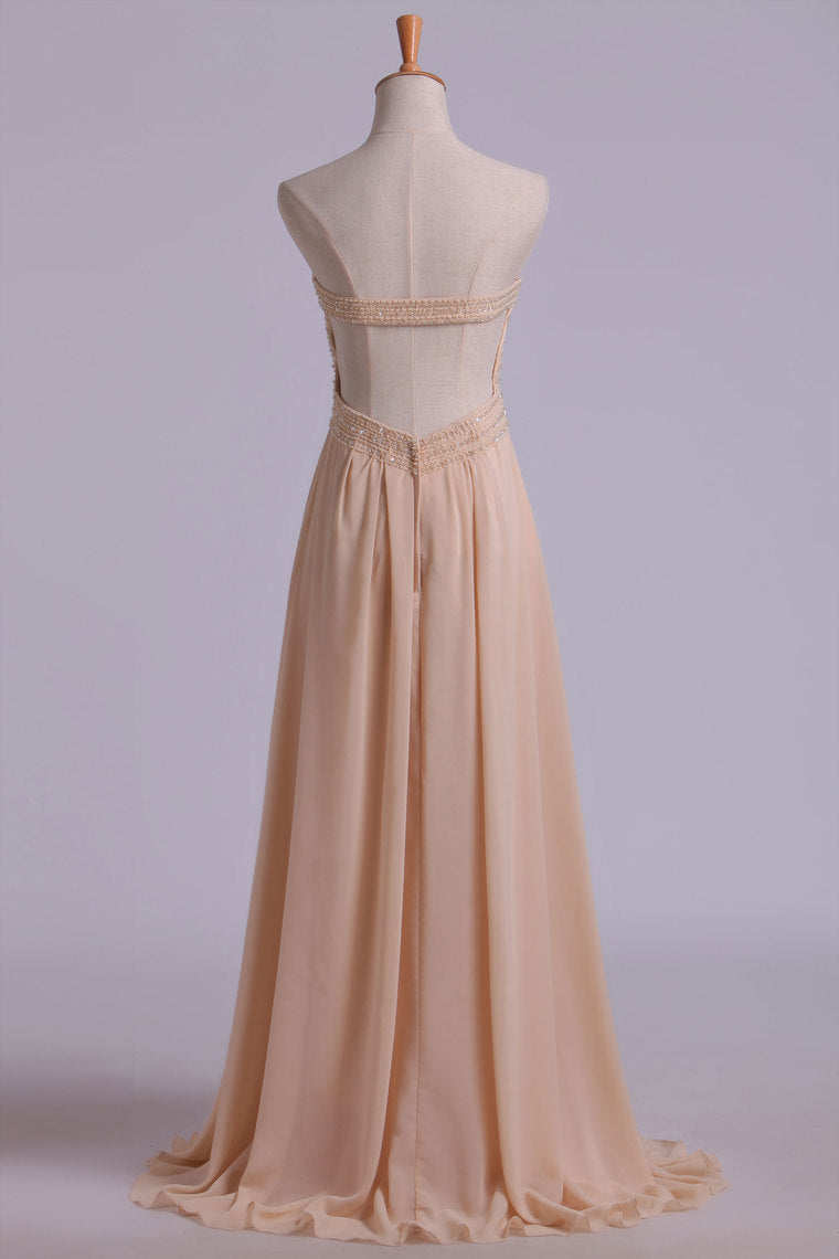 2022 Sweetheart A Line Beaded Bodice Backless Prom Dresses Chiffon