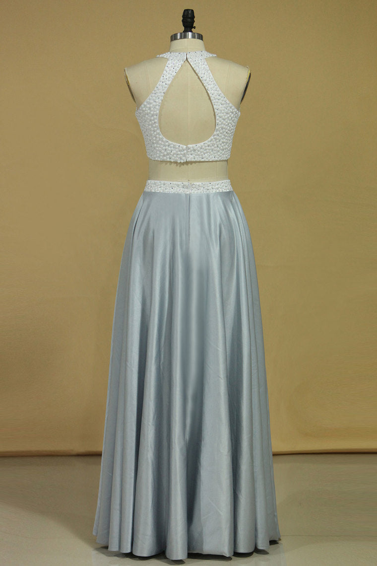 2022 Plus Size Open Back Two Pieces Halter Satin Prom Dresses With Beads