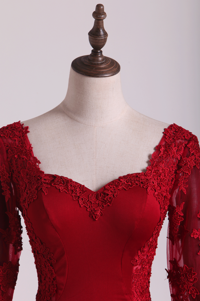 2022 Hot Long Sleeves Prom Dresses Spandex Mermaid With Applique Burgundy/Maroon