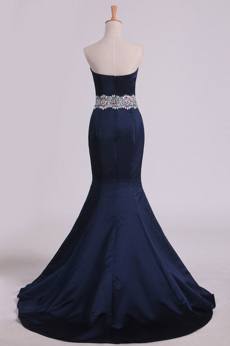 2022 Evening Dresses Sweetheart Mermaid Court Train Satin With Beads