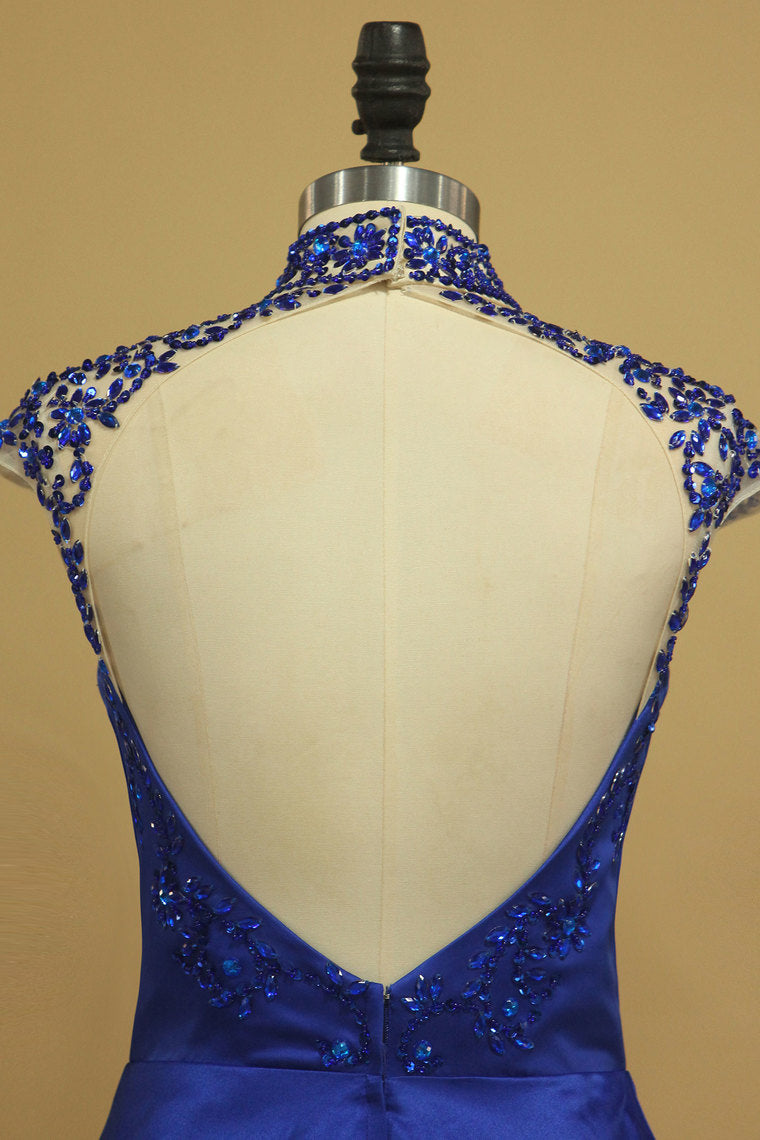 2022 Sexy Open Back High Neck A Line Prom Dresses With Beading