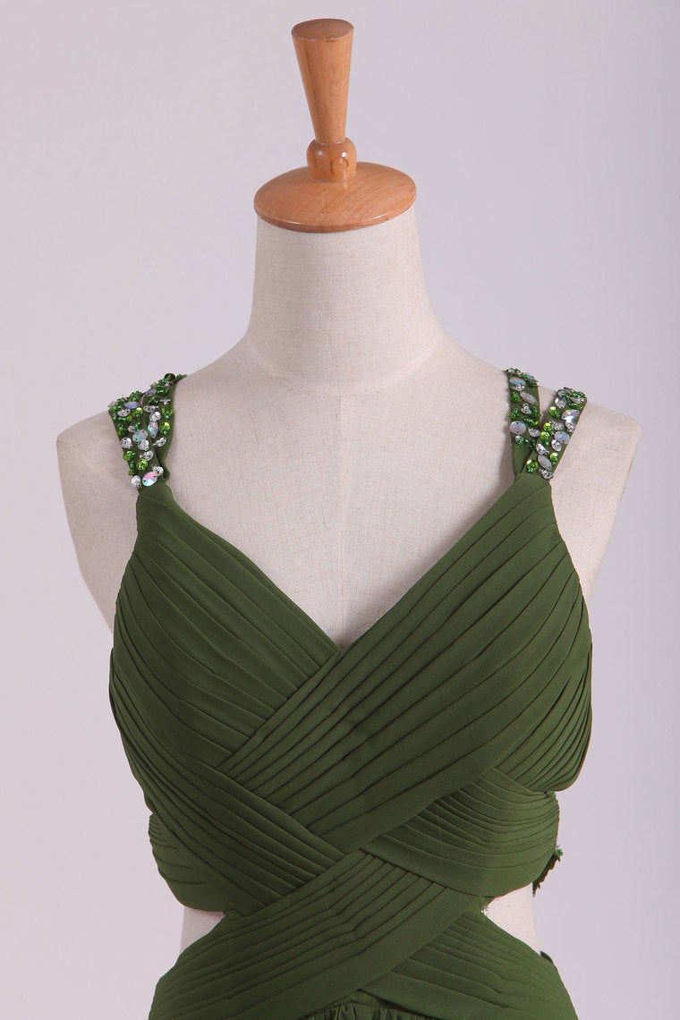 2022 Chiffon Prom Dresses Spaghetti Straps With Ruffles And Beads Open Back