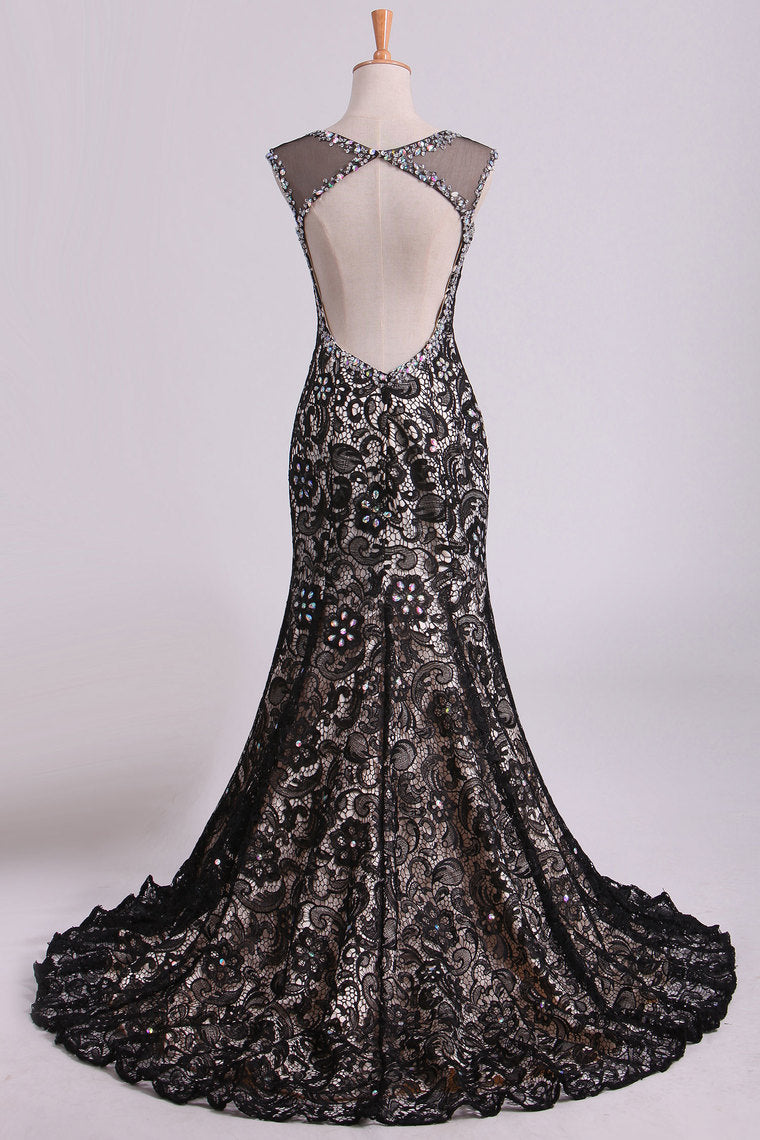 2022 Black Prom Dresses Mermaid/Trumpet Scoop Lace