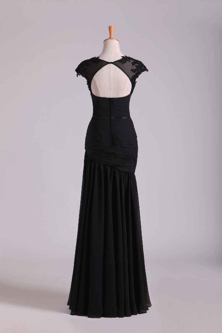 2022 Petite Size Mermaid Scoop Open Back Prom Dresses Chiffon With Applique And Beading