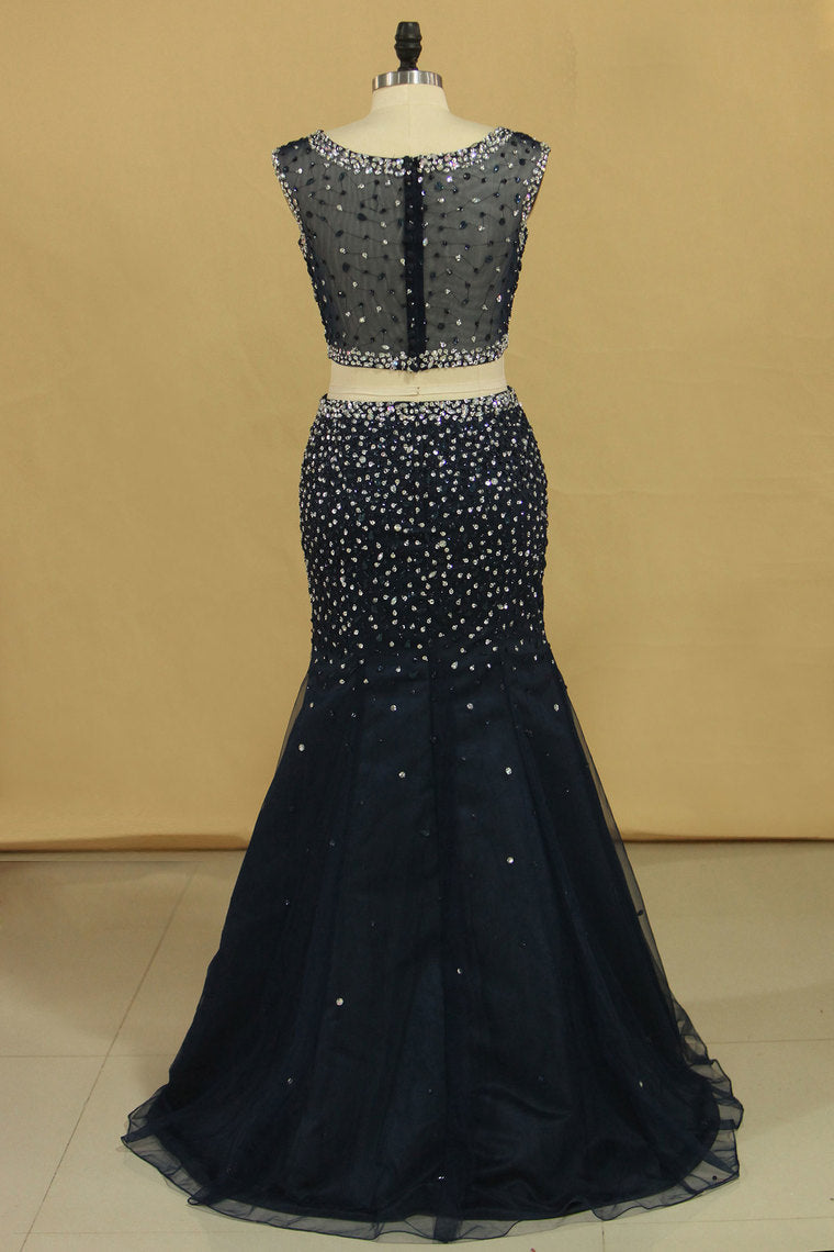 2022 Two Pieces Scoop Mermaid Beaded Bodice Prom Dresses Floor Length Tulle