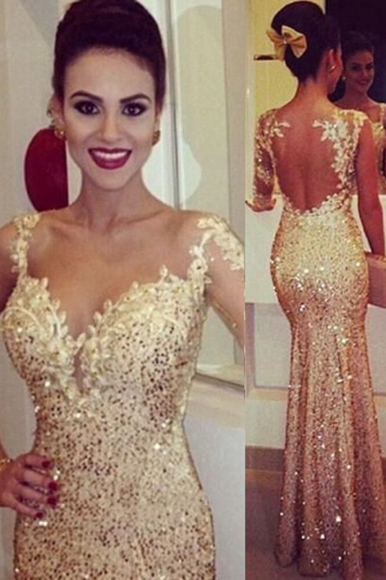 2022 Scoop Mermaid Prom Dresses Sequins With Applique Floor Length Long Sleeves