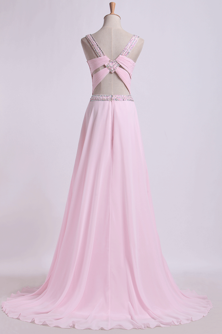 2022 Open Back Prom Dresses Halter A Line Sweep Train Chiffon With Beads&Ruffles