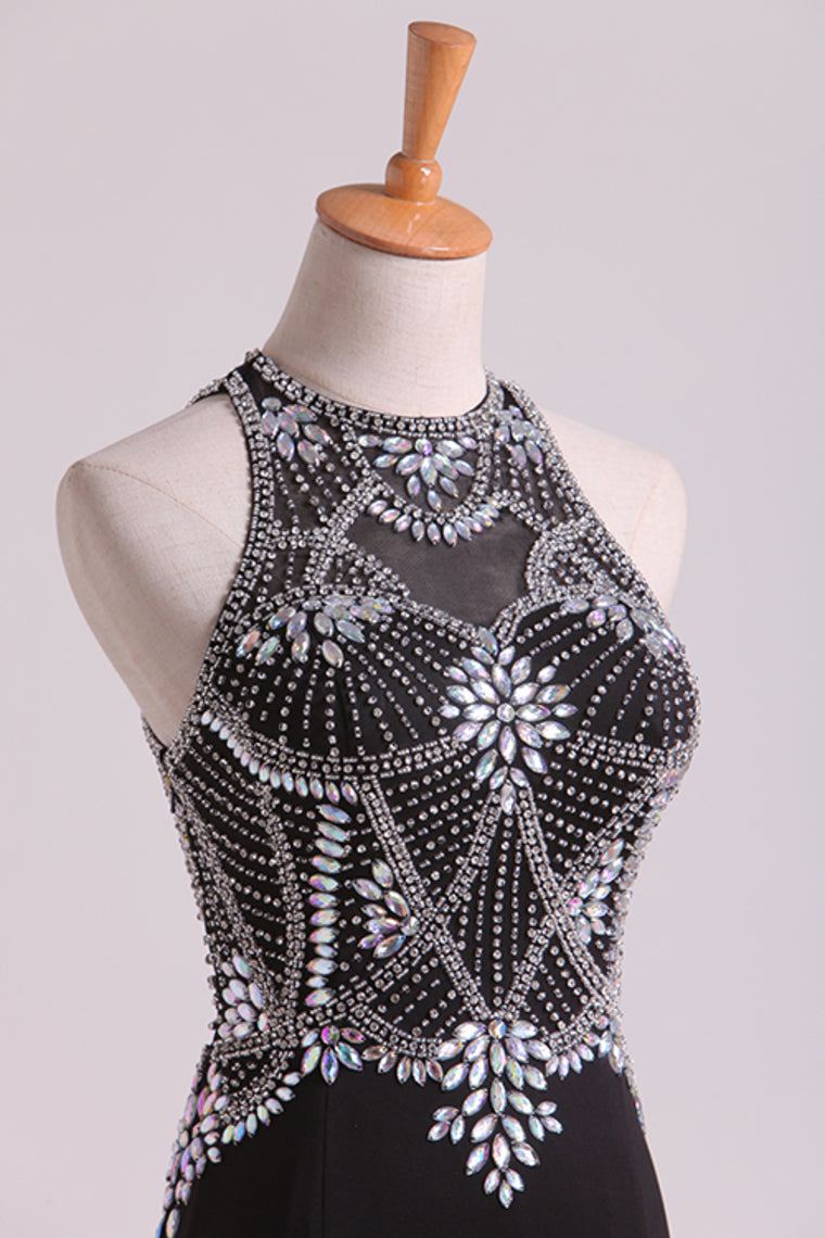 2022 Black Prom Dresses Scoop Beaded Bodice Floor Length Spandex Sheath