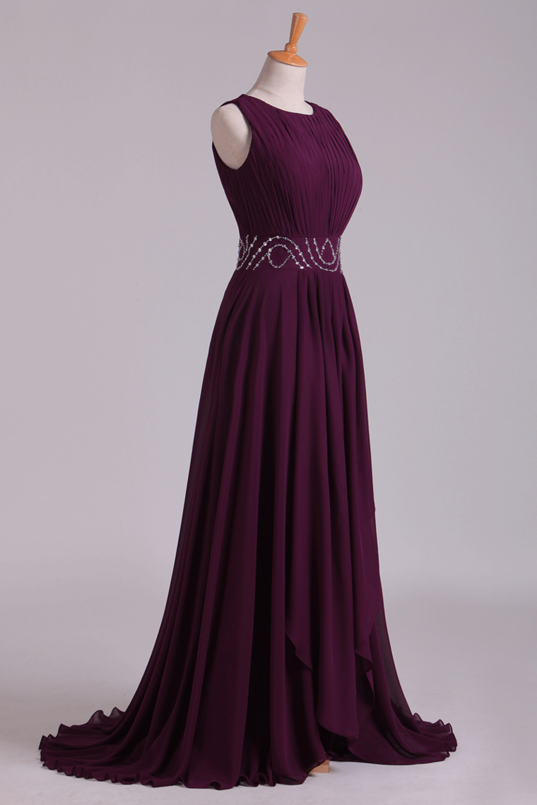 2022 Prom Dresses A-Line Bateau Floor-Length Chiffon With Beads & Ruffles