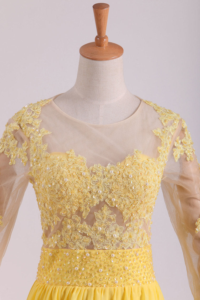 2022 Mid-Length Sleeve A-Line Scoop Prom Dresses Floor-Length With Applique & Bow-Knot Chiffon