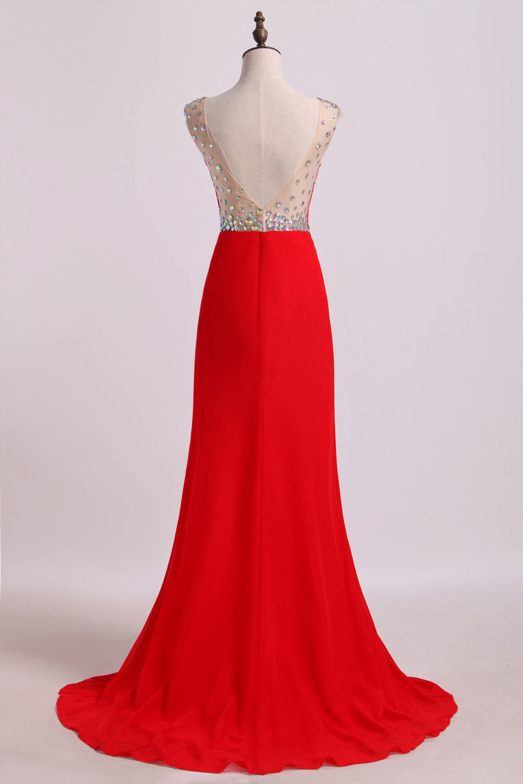 2022 Scoop Column Prom Dresses With Rhinestone Chiffon