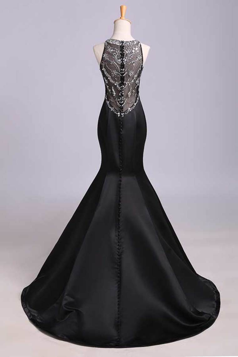 2022 Scoop Beaded Satin&Tulle Prom Dress Mermaid/Trumpet Black