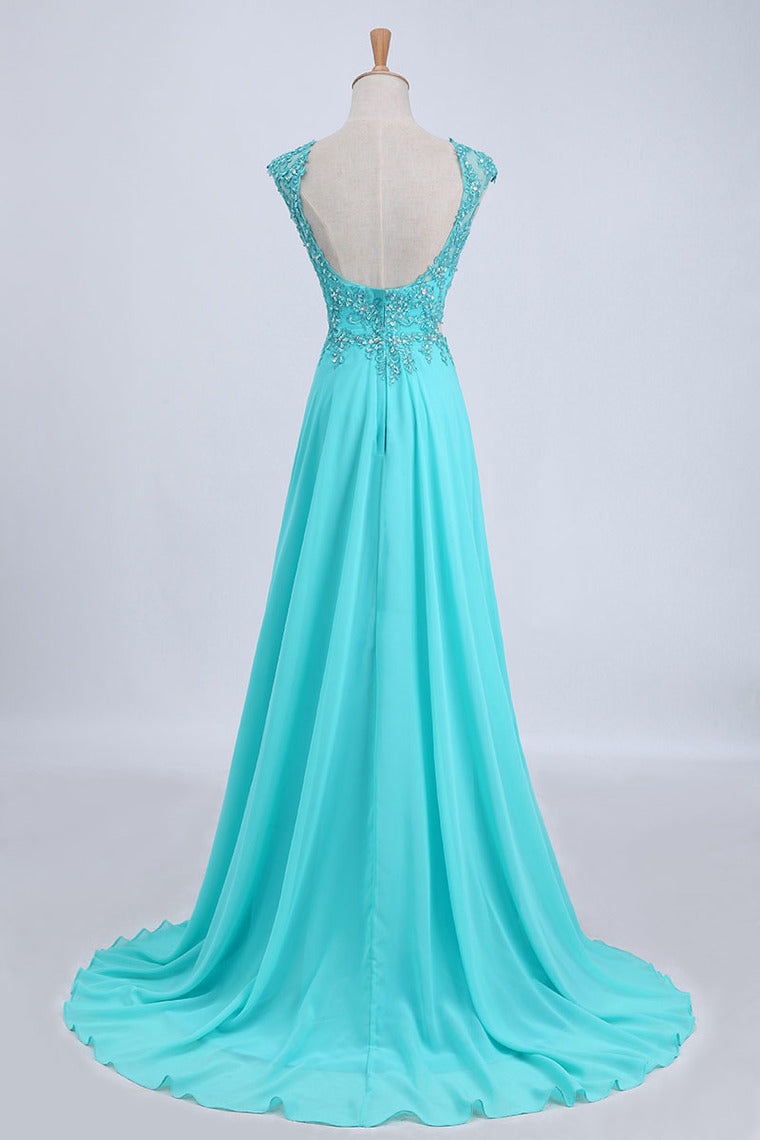 2022 Two Pieces Prom Dresses Bateau Backless A Line Chiffon Sweep Train With Slit
