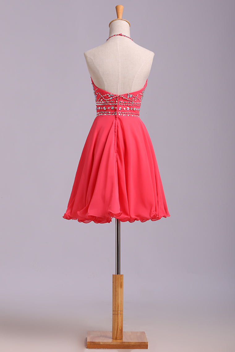 2022 Halter A Line Sexy And Cute Homecoming Dress Short/Mini Chiffon&Tulle Beaded