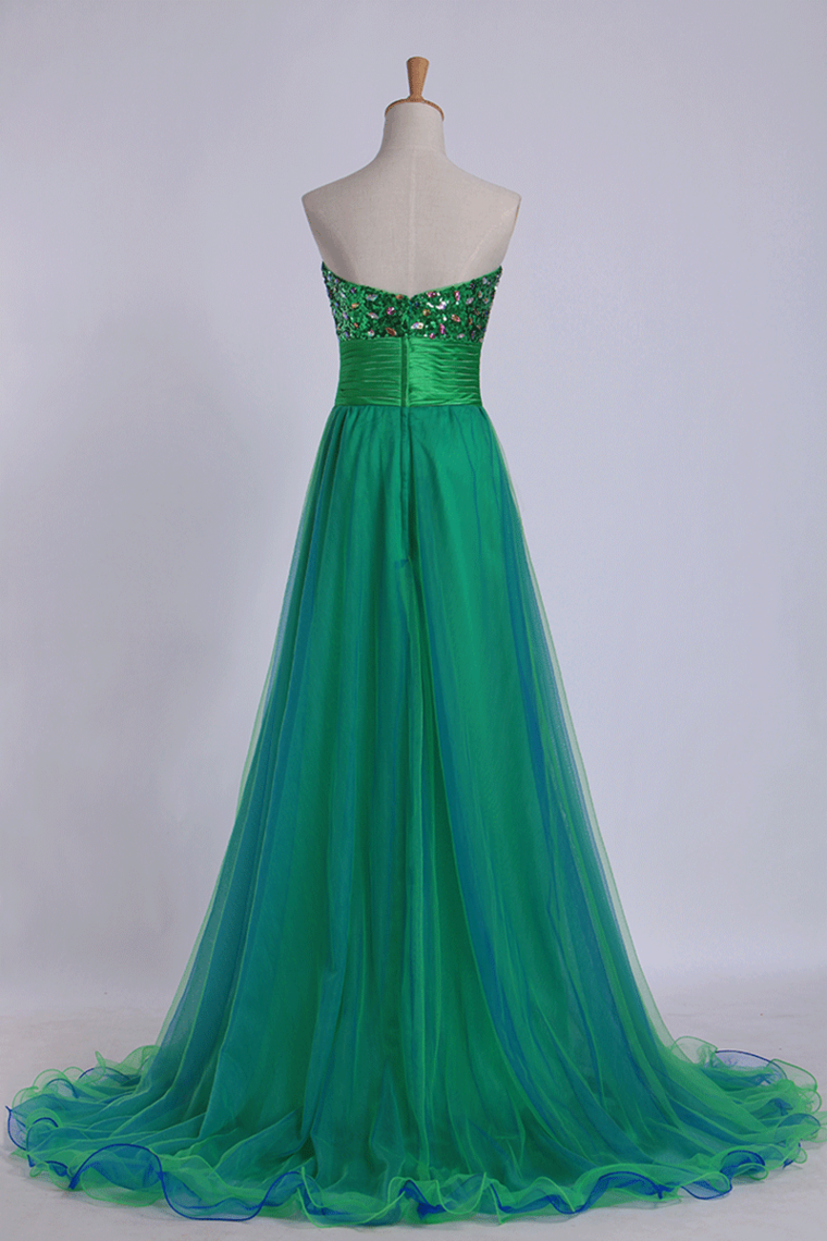 2022 Sweetheart Prom Dresses Empire Waist Floor Length With Beading/Sequins Tulle