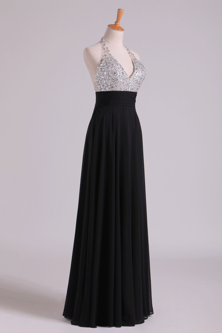 2022 Prom Dresses Halter Beaded Bust Pleated Waistband Chiffon Floor Length