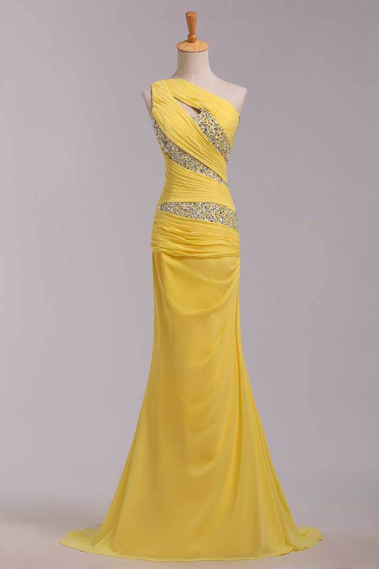 2022 One Shoulder Mermaid Court Train Chiffon Prom Dresses