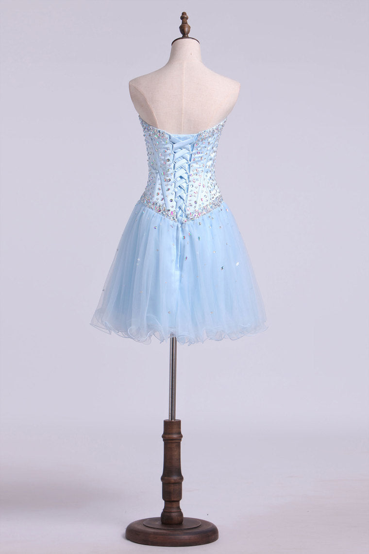 2022 A Line Sweetheart Beaded Bodice Homecoming Dresses Tulle Short/Mini