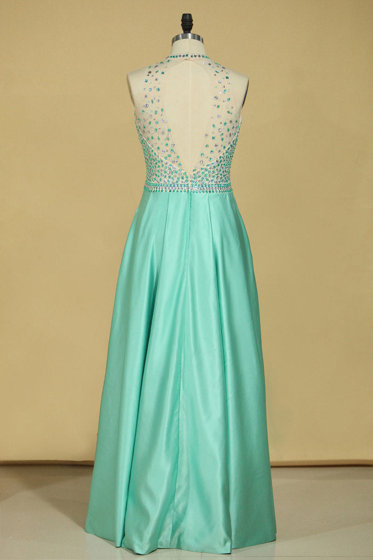 2022 Plus Size Prom Dresses A Line Scoop Beaded Bodice Open Back Satin Floor Length