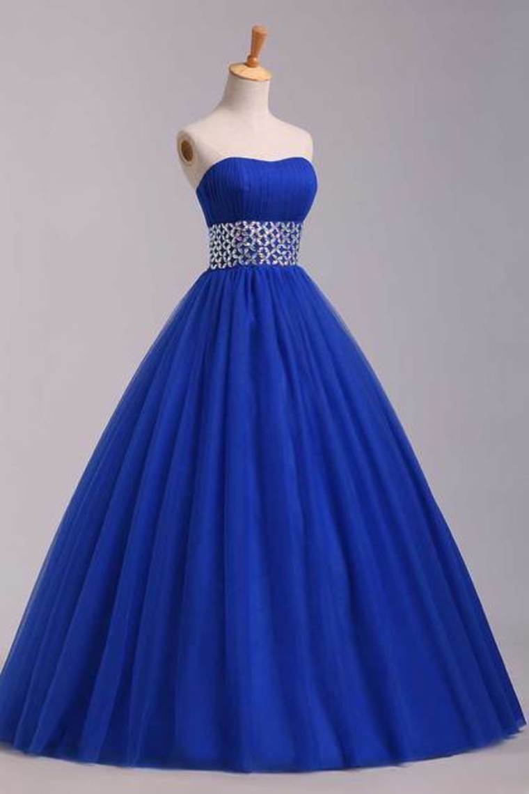 2022 Prom Dress Strapless Dark Royal Blue A Line/Princess Pick Up Tulle Skirt Beaded Waistline