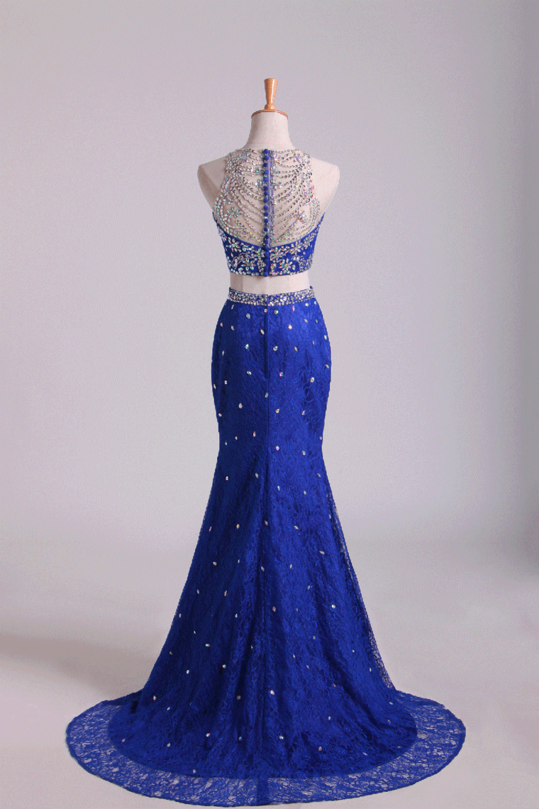 2022 Two-Piece Scoop Mermaid Prom Dresses With Beading Lace Dark Royal Blue