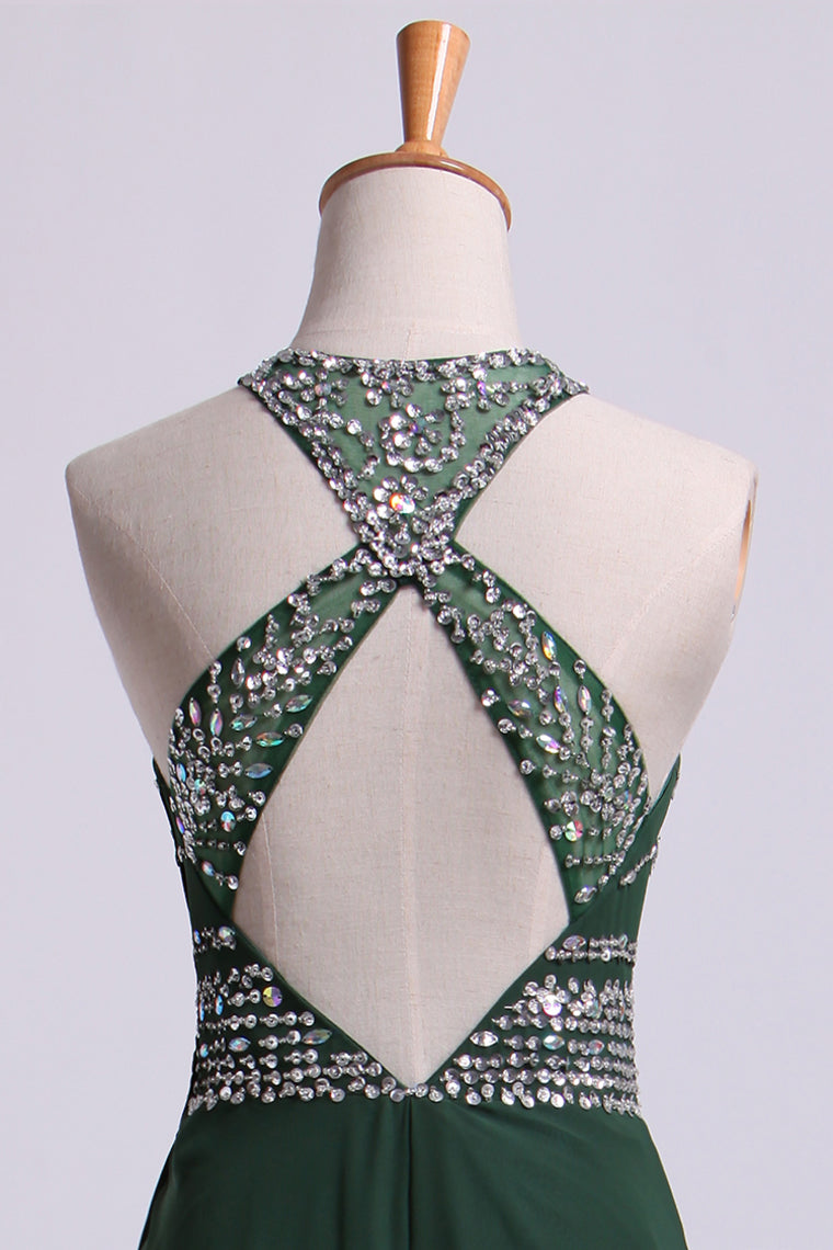 2022 Halter A-Line/Princess Prom Dresses Tulle&Chiffon Sweep Train