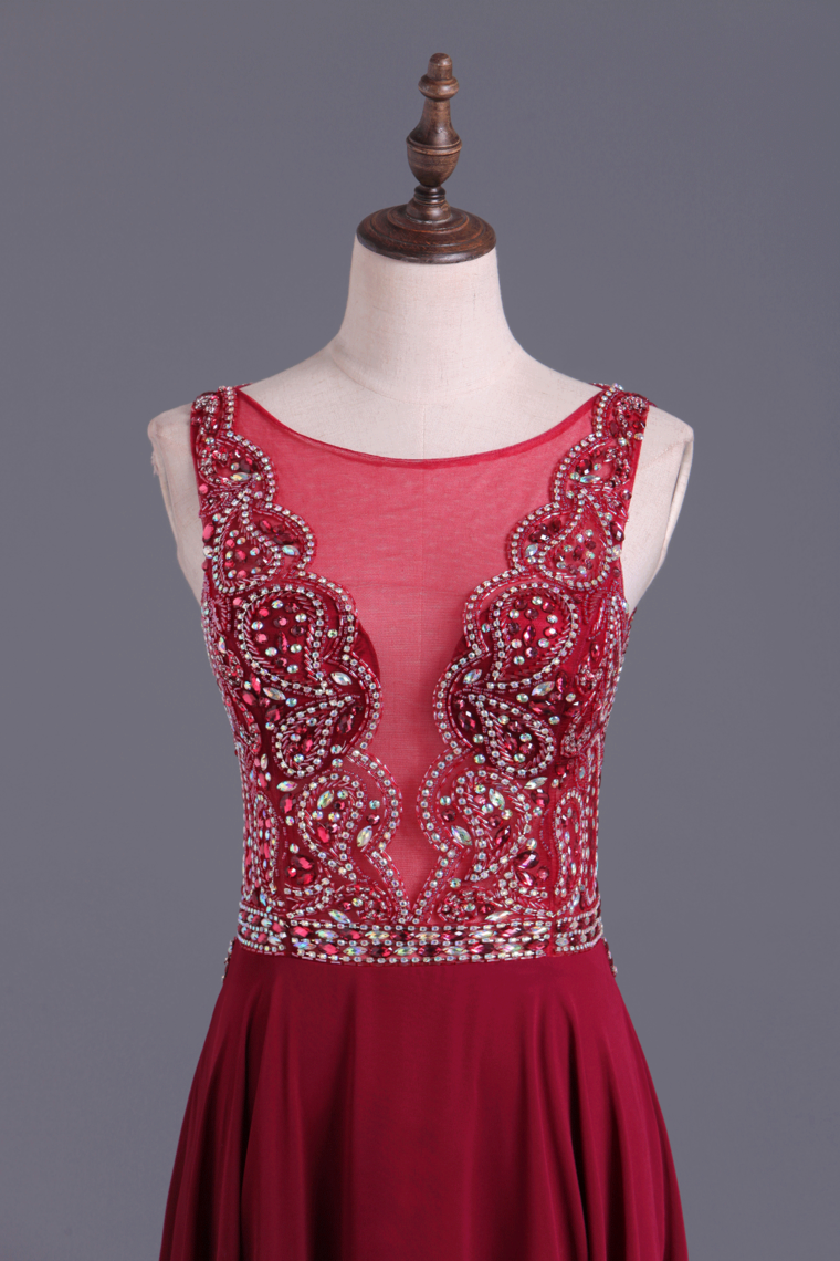 2022 Burgundy/Maroon Scoop A Line Prom Dresses Chiffon A Line With Beading