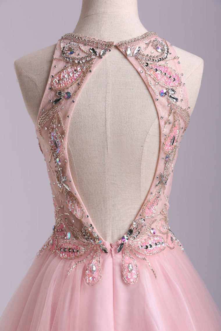 2022 Stunning A Line Short/Mini Prom Dress Tulle With Beaded Lace Bodice Open Back Pink
