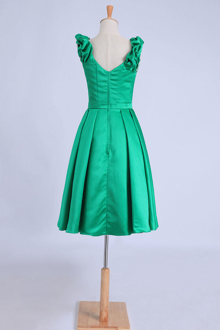 2022 V Neck Prom Dresses A Line Knee-Length Satin With Sash