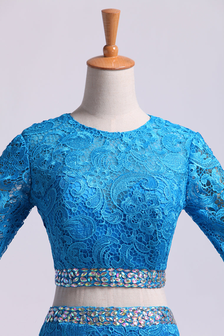 2022 Two Pieces Prom Dresses Long Sleeves Scoop Trumpet Court Train Lace