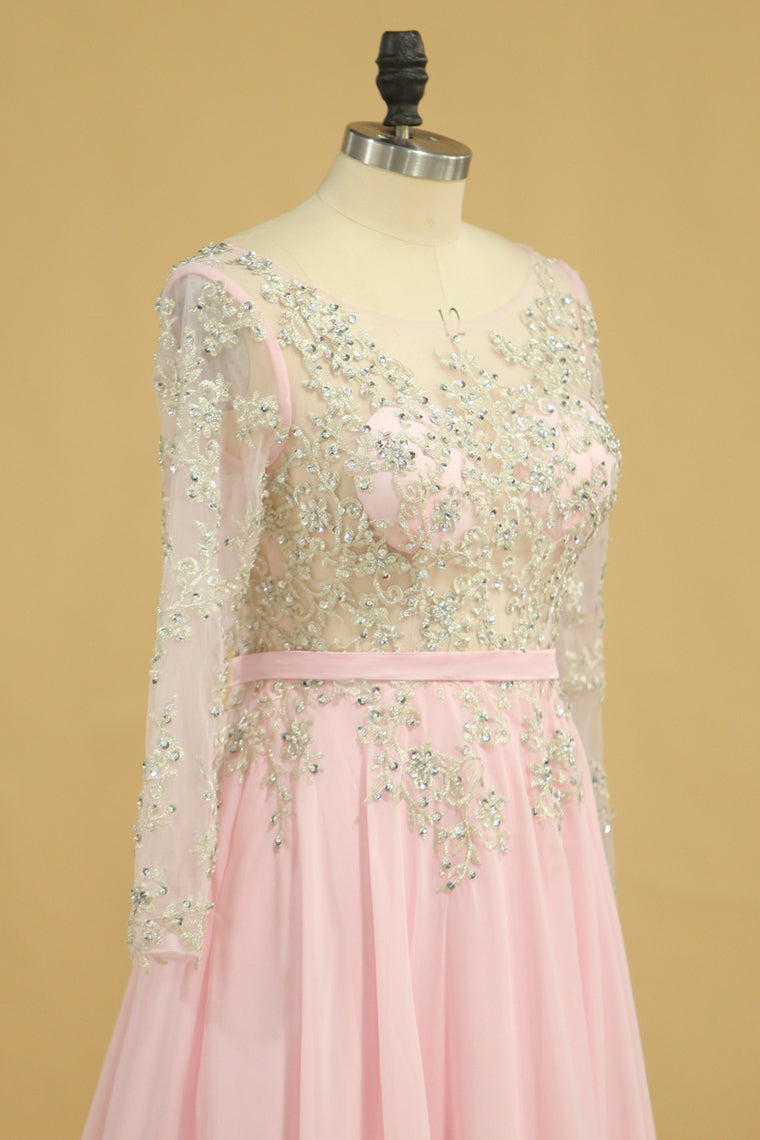 2022 Plus Size A Line Chiffon Prom Dresses Bateau Long Sleeves With Beads & Applique