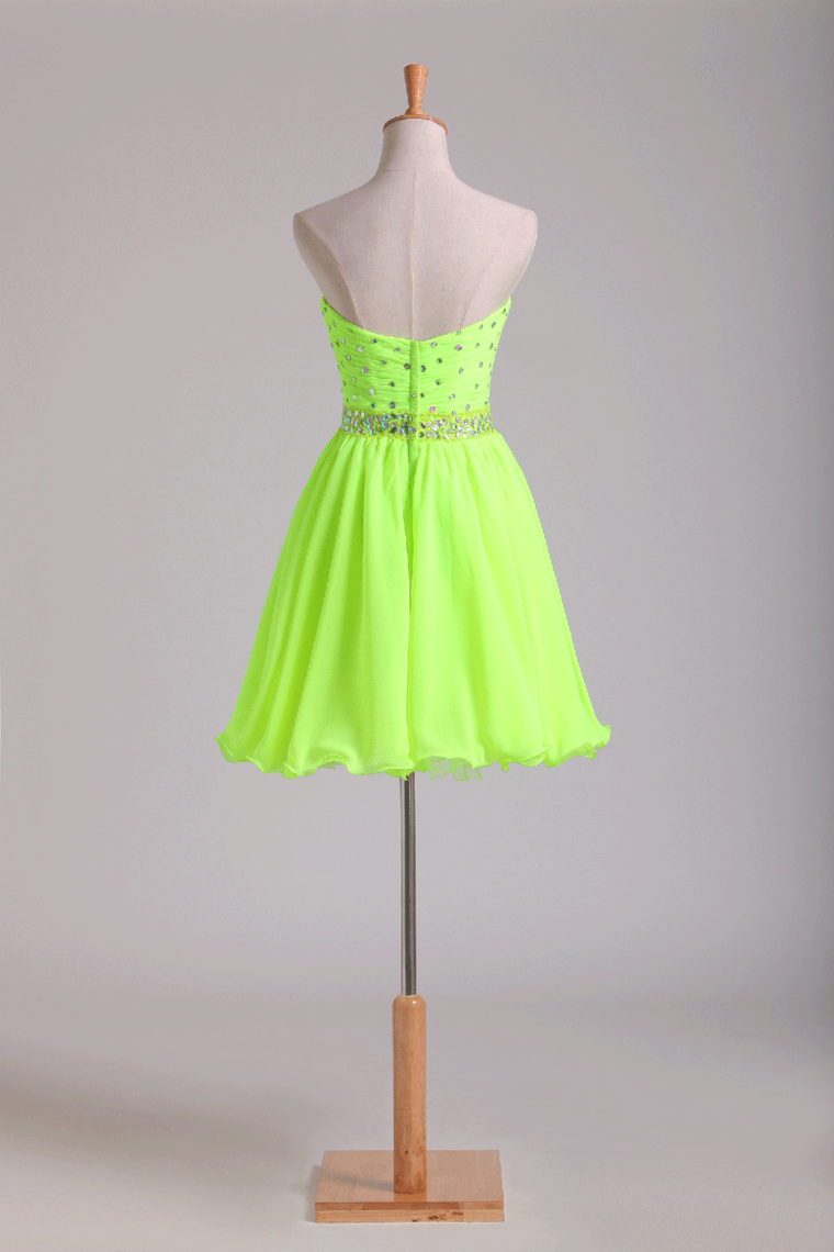2022 Sweetheart Pleated Bodice Beaded Waistline Homecoming Dress Short Chiffon