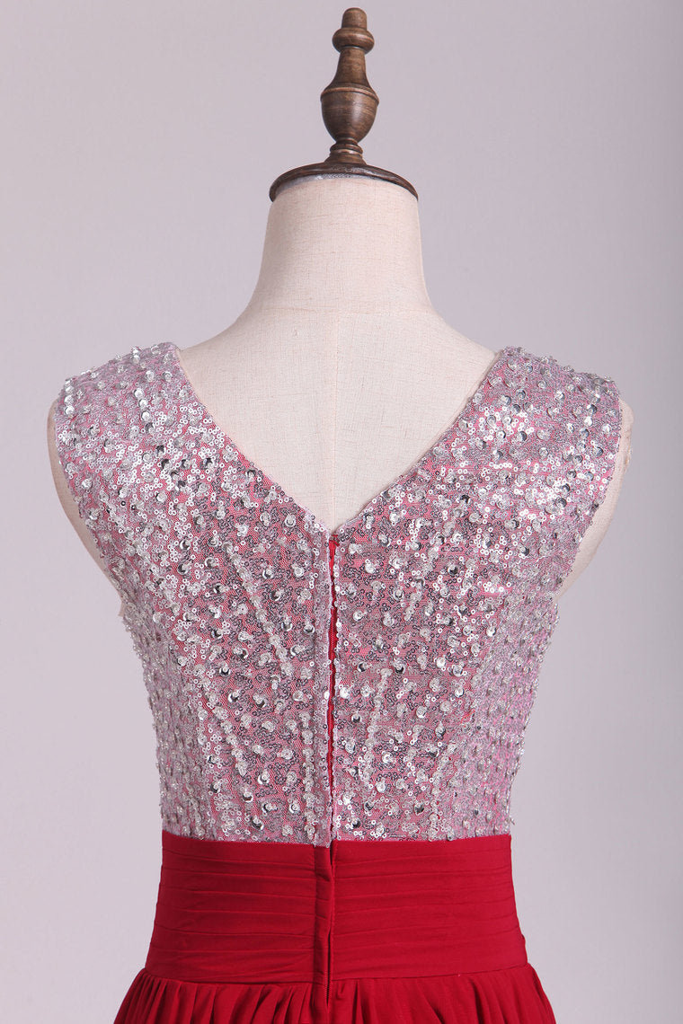 2022 V Neck A Line Sequined Bodice Prom Dresses Chiffon Floor Length