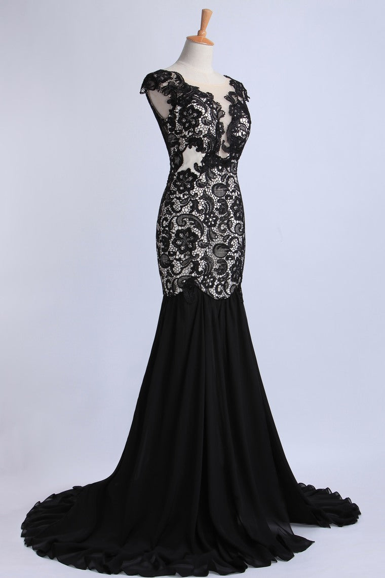 2022 Prom Dresses Mermaid Open Back Sweep/Brush Train Chiffon&Lace