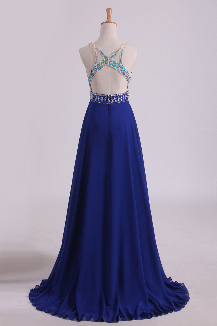 2022 Prom Dresses V Neck Beaded Bodice A Line Open Back Dark Royal Blue Chiffon & Tulle
