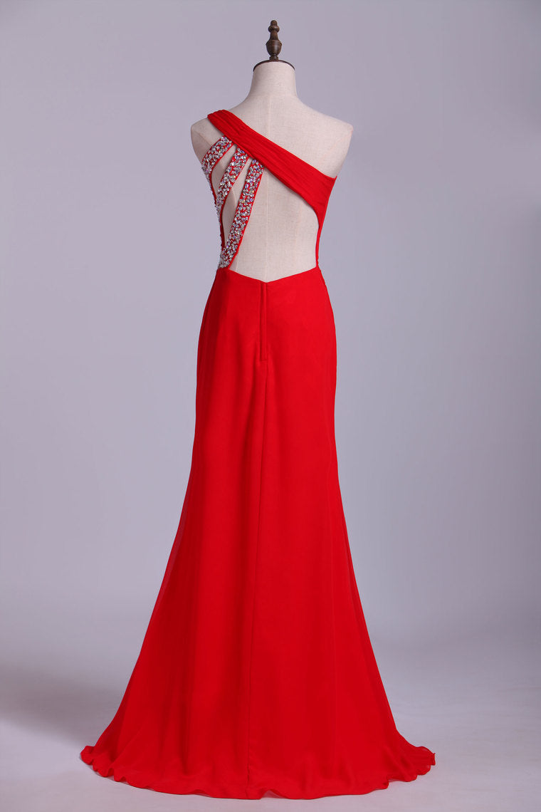2022 Petite Size Evening Dresses Floor Length One Shoulder Chiffon With Slit
